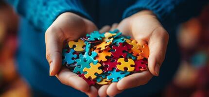 AI generated hands of people holding a colorful puzzle that is designed for autism photo