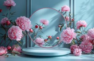 AI generated frame with white tv screen frame isolated on blue background with pink peony flowers photo