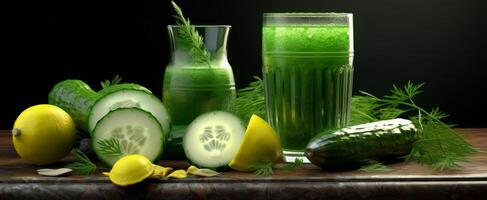 ai generado verde jugo con pepino, pepino, limón y estragón foto