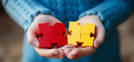 AI generated two children's hands holding blocks. children with autism photo