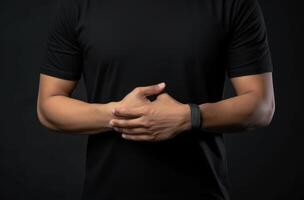 AI generated man pointing fingers with a black t shirt photo