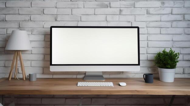 AI generated white desk with white computer screen photo