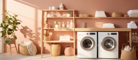 AI generated image of washing machines, laundry, pots and shelves photo