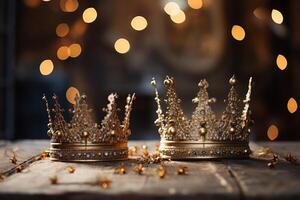 AI generated two crowns standing with glitter on a table photo