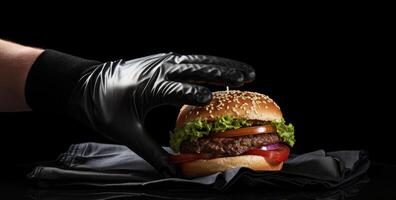 AI generated two hands taking a burger into black cloth gloves photo