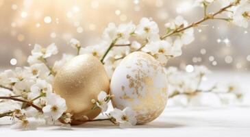 AI generated two easter eggs are placed on a table and decorated with gold photo