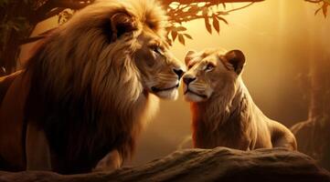 AI generated two lions looking forward to a relationship photo