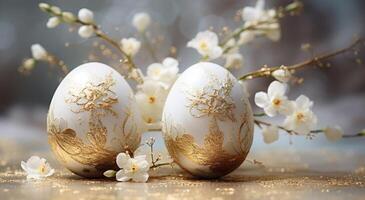 AI generated two easter eggs are placed on a table and decorated with gold photo