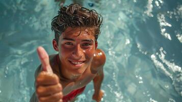 ai generado hombre dando pulgares arriba en nadando piscina foto