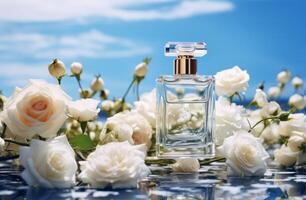 AI generated perfume bottle in blue sky around blooming white roses photo