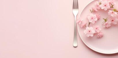 AI generated plate on white table, pink flowers, fork and knife photo