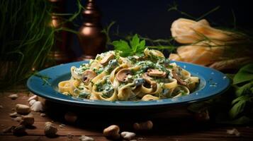 AI generated mushroom fettuccine with green herbs on wooden background photo