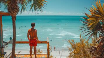 AI generated Man Standing on Bench, Looking Out at Ocean photo