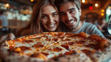 ai generado hombre y mujer participación un grande Pizza foto