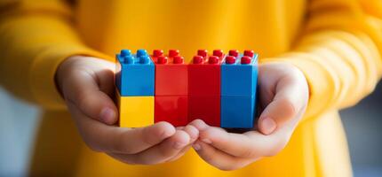 AI generated two children's hands holding blocks. children with autism photo