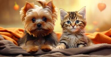 AI generated yorkshire terrier and kitten on blanket while looking up to the camera photo