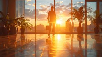 AI generated Man Standing in Front of Window With Suitcase photo