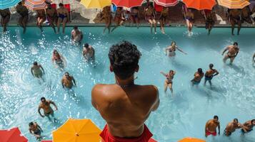 AI generated Group of People in a Swimming Pool With Umbrellas photo