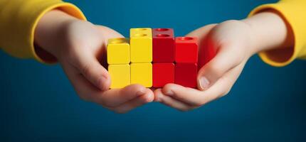 AI generated two children's hands holding blocks. children with autism photo