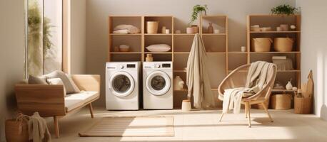 AI generated image of washing machines, laundry, pots and shelves photo