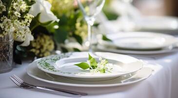 ai generado blanco vajilla en mesa con verde flores y blanco platos foto