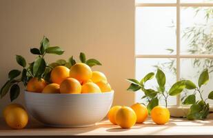 AI generated white bowl that was filled with oranges photo