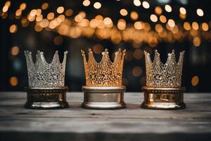 AI generated three crowns on silver and gold tables in front of sparkling lights photo