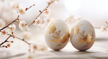 AI generated two easter eggs are placed on a table and decorated with gold photo