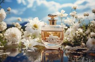 AI generated white flowers and cloudy sky with a perfume bottle on it, exquisite craftsmanship photo