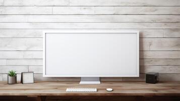 AI generated white desk with white computer screen photo