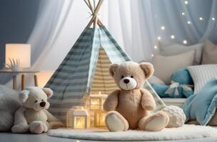 ai generado oso en a rayas alfombra en azul bebé habitación con del bebe juguetes foto