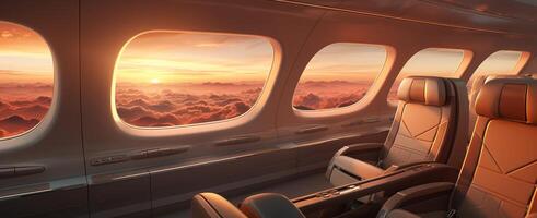 AI generated the inside of a jumbo jet windowed by sunset photo