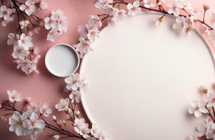 AI generated this image contains an empty circle surrounded by pink blossoms photo