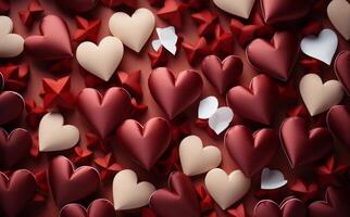 AI generated Several paper heart shapes arranged on a red background, creating a simple yet impactful visual photo