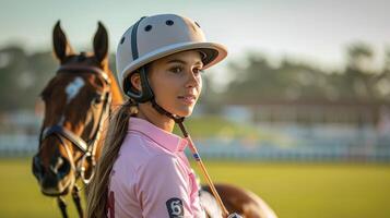 ai generado joven niña montando caballo con casco foto