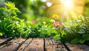 AI generated a wooden table with plants and sunlight photo