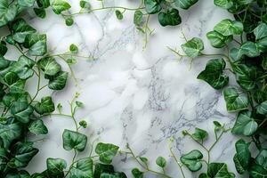 ai generado un mármol pared con verde plantas en eso foto