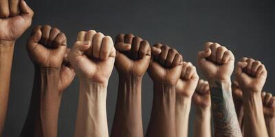 ai generado multi étnico personas elevado su puños en el aire. un firmar de unidad, humano derechos y igualdad. foto
