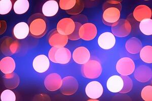 AI generated Defocused pink shimmering bokeh lights on a blue background. Evening night abstract background. photo