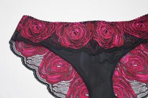 lencería. sexy negro bragas con brillante rosado cordón en un blanco antecedentes. foto