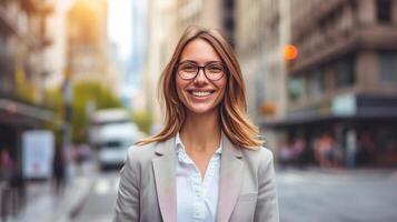 AI generated beautifu blonde woman in business casual attire, smiling, wearing glasses. Blurred cityscape background. photo