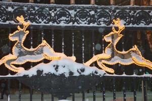 Glowing silhouettes of Christmas deer on the fence. Outdoor festive Christmas decoration, beautiful entrance decoration. photo