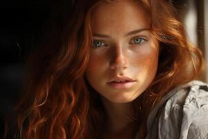 AI generated Beautiful redhead girl with freckles and natural light of the sunset photo