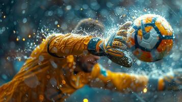 ai generado hombre pateando fútbol pelota en lluvia foto