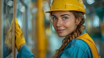 AI generated Woman Wearing Hard Hat and Yellow Safety Jacket photo