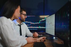 Business team investment working with computer, planning and analyzing graph stock market trading with stock chart data photo