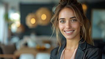 ai generado mujer sonriente a cámara en restaurante foto