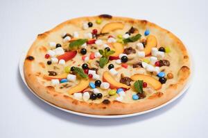 Sweet pizza with marshmallow sauce and colored sweets, chocolate pizza with colored sweets and chocolate pizza with banana on a white background photo