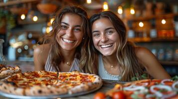 ai generado dos joven mujer posando en frente de Pizza foto