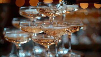 AI generated Champagne Being Poured Into Wine Glasses on Table photo